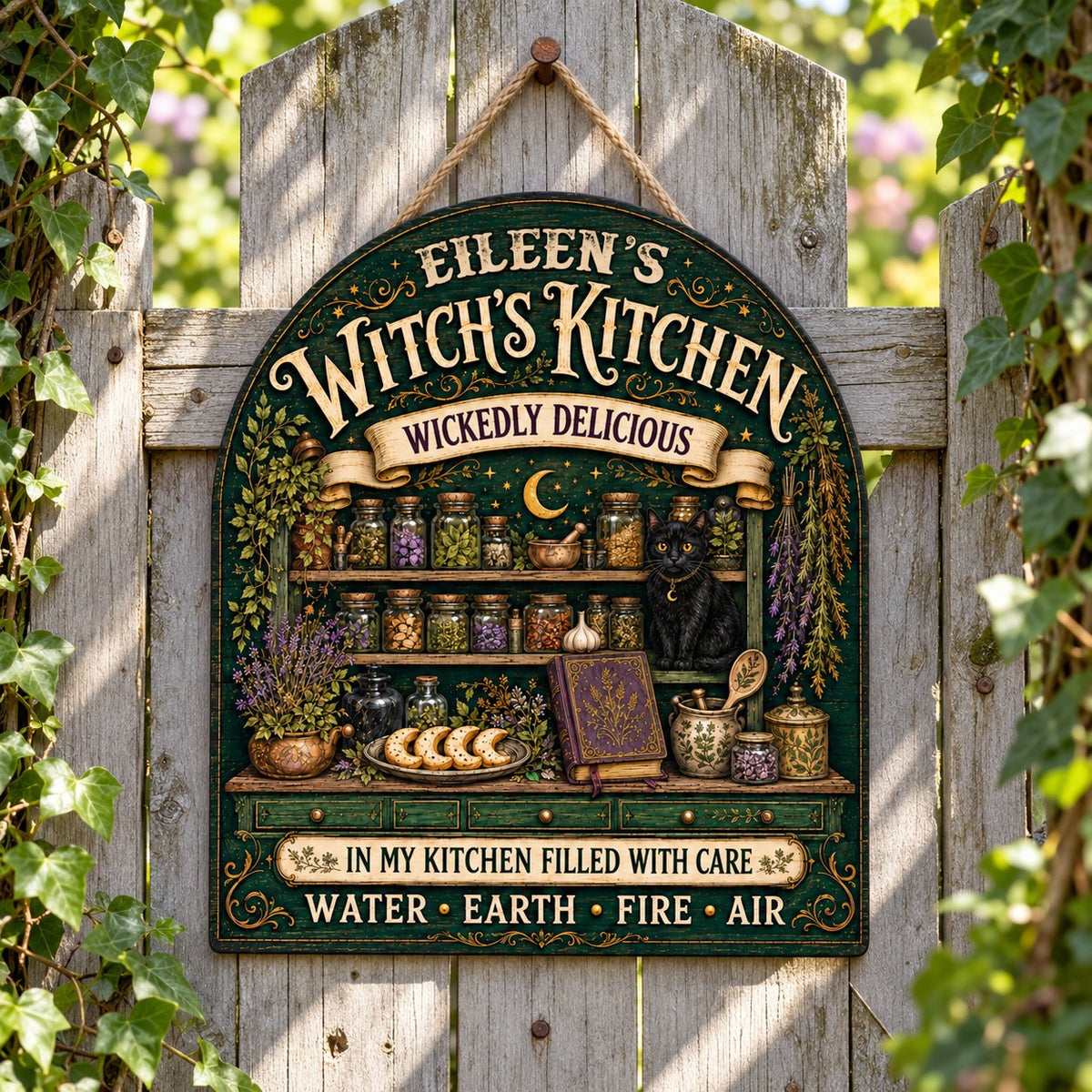Arch wooden sign with black cat, apothecary jars, lavender, crescent moon and stars, and the text WITCH'S KITCHEN.