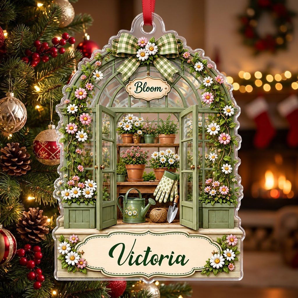 Arched acrylic ornament of a green greenhouse with daisy bow, flowers, tools, and 'Bloom' with a personalized name.