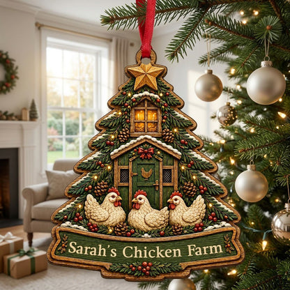 Personalized Christmas Tree Chicken Coop Wood Ornament, Custom Farmhouse Keepsake
