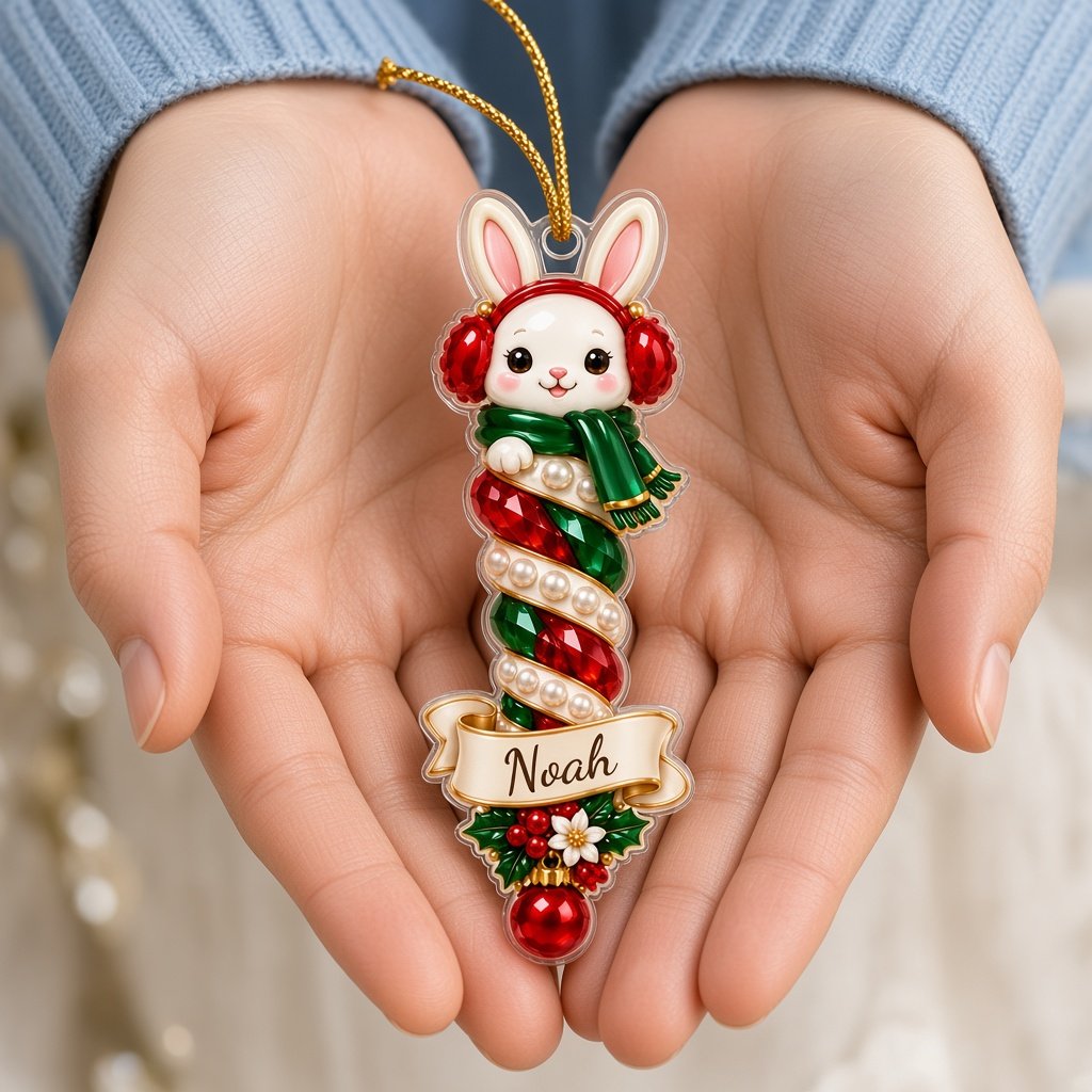 Acrylic ornament with cat, dog, owl, bunny or fox atop spiral columns and a cream-gold scroll banner for a name.