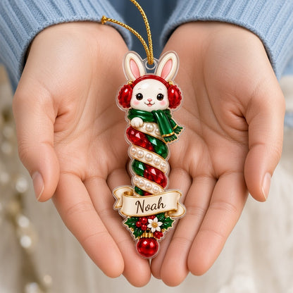 Acrylic ornament with cat, dog, owl, bunny or fox atop spiral columns and a cream-gold scroll banner for a name.