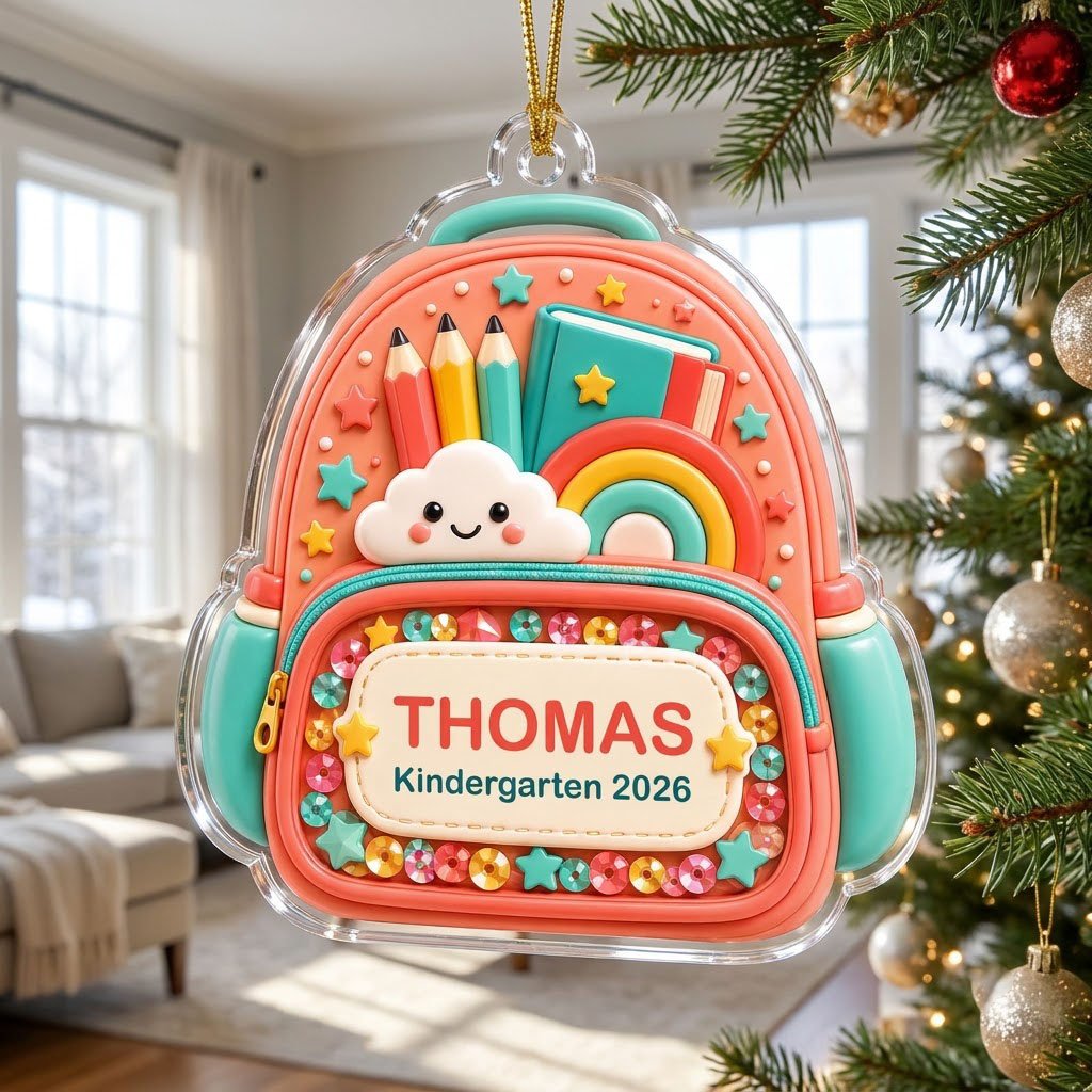 Coral backpack acrylic ornament with pencils, rainbow, smiling cloud, and 'THOMAS' Kindergarten 2026.