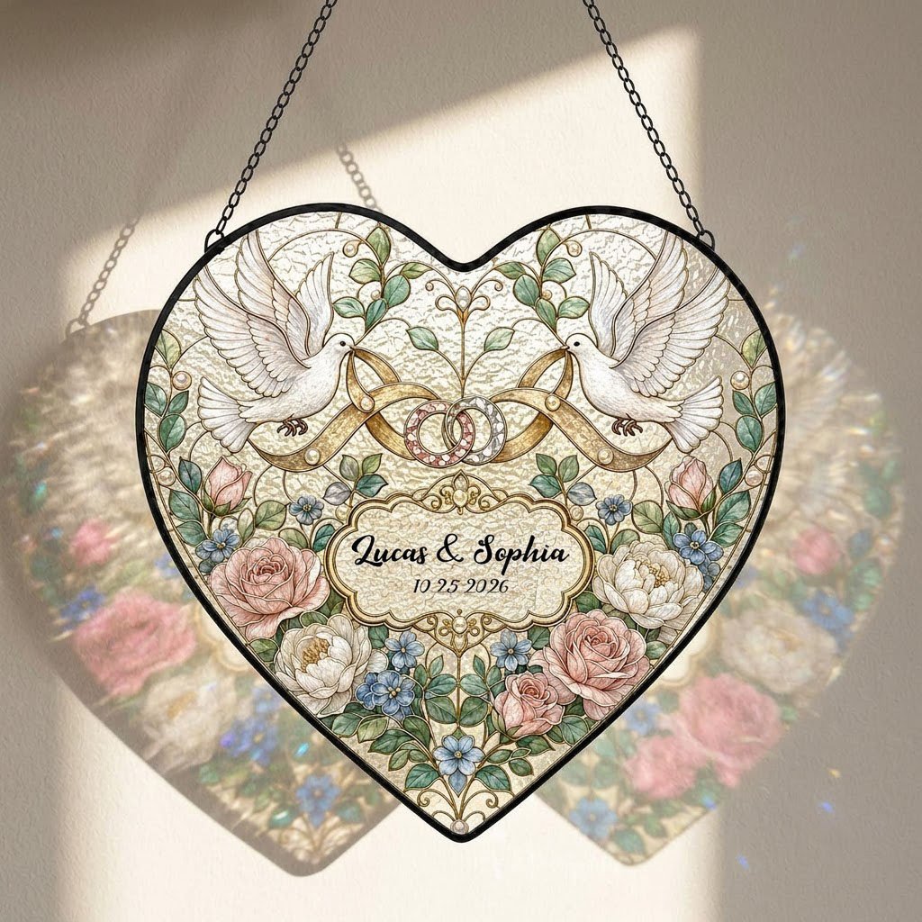 Personalized Wedding Doves & Intertwined Rings Floral Heart Stained Glass Suncatcher