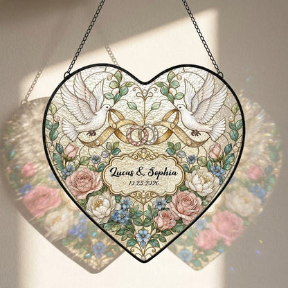 Personalized Wedding Doves & Intertwined Rings Floral Heart Stained Glass Suncatcher
