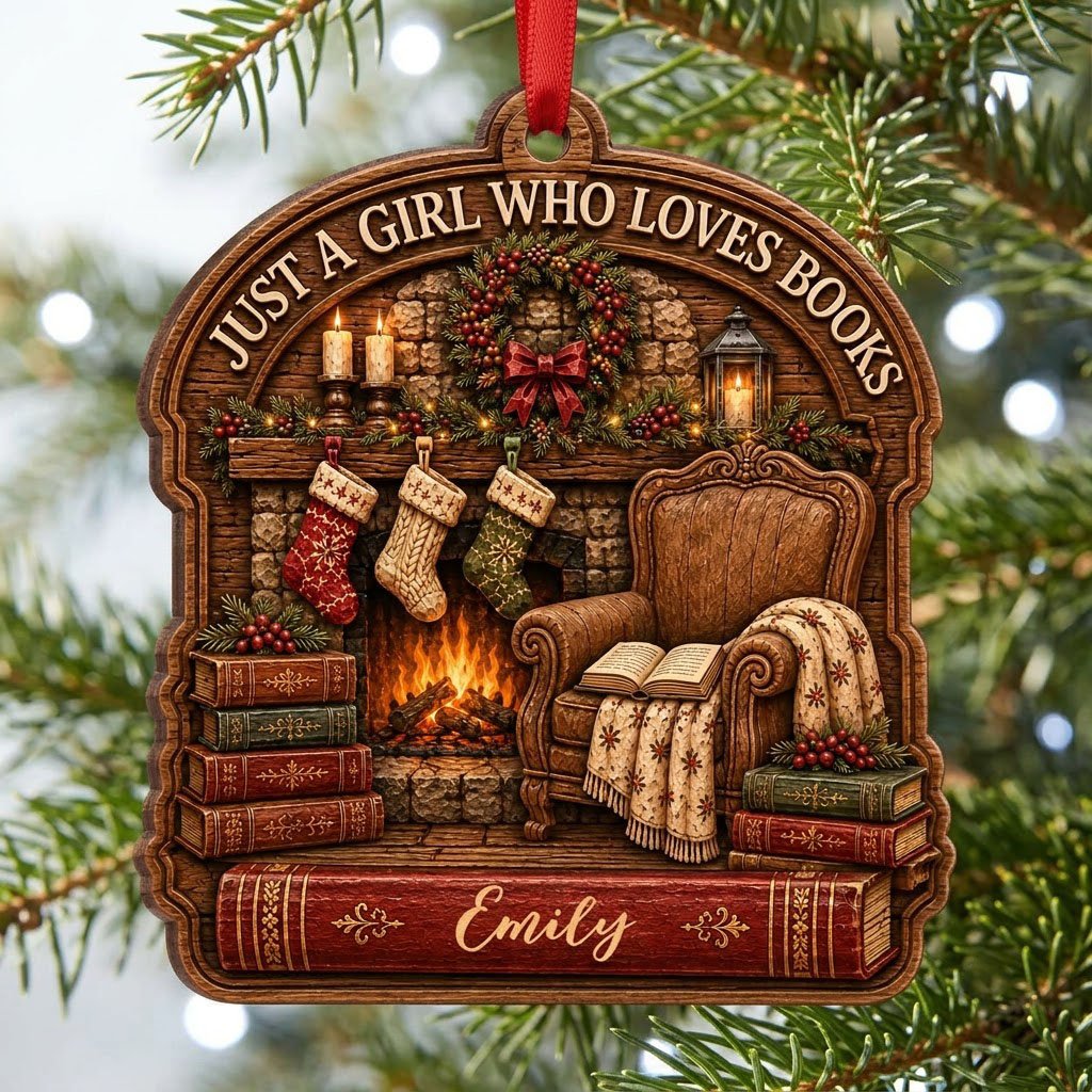 Wood ornament with fireplace, wreath, stockings, armchair and books, plus 'Just a Girl Who Loves Books' and a name.