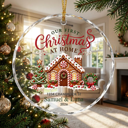 Personalized Our First Christmas at Home Gingerbread Cottage Round Glass Ornament