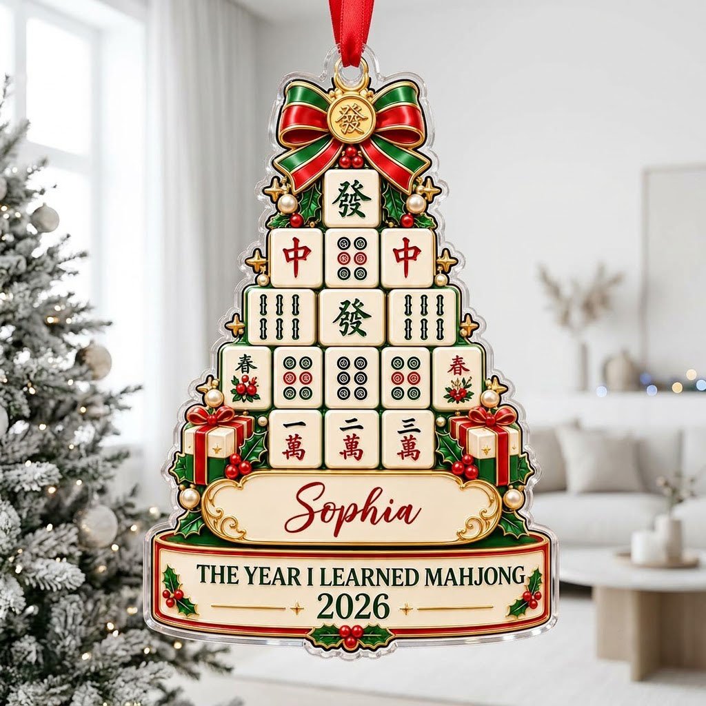 Acrylic tree ornament of mahjong tiles with bow, stars, holly, pearls, and two cream banners for name and year.