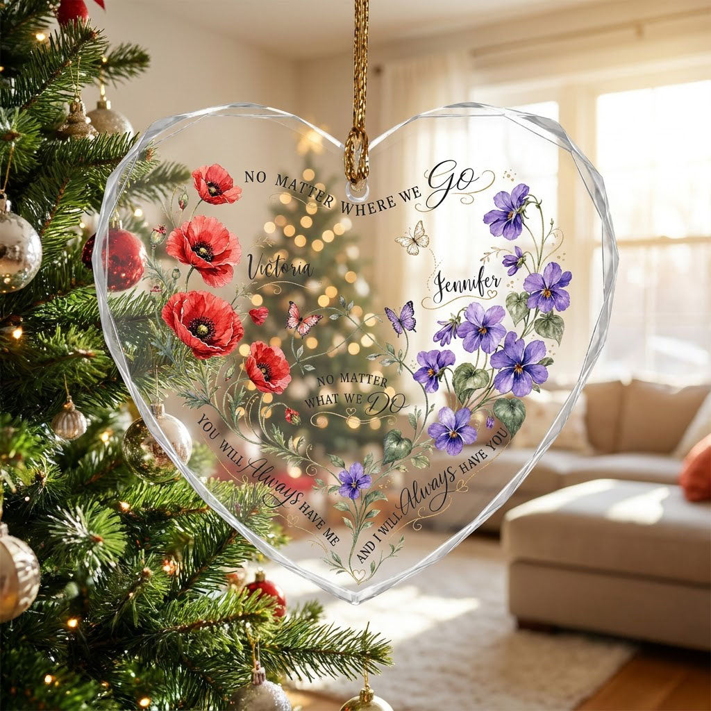Faceted heart glass ornament with red poppies, purple violets, three butterflies, and two personalized names.