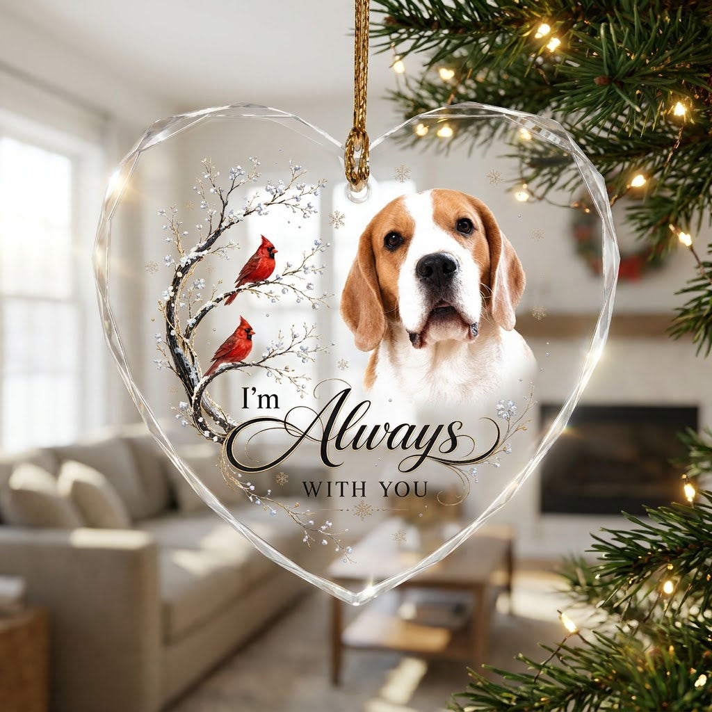 Personalized Dog Memorial Photo I'm Always With You Red Cardinals Heart Glass Ornament