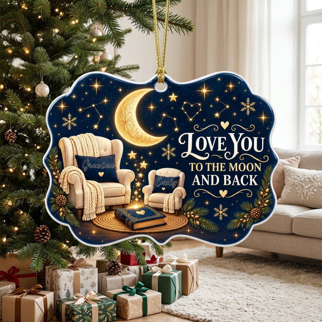 Medallion ceramic ornament with golden moon, stars, two chairs, and 'LOVE YOU TO THE MOON AND BACK' text.