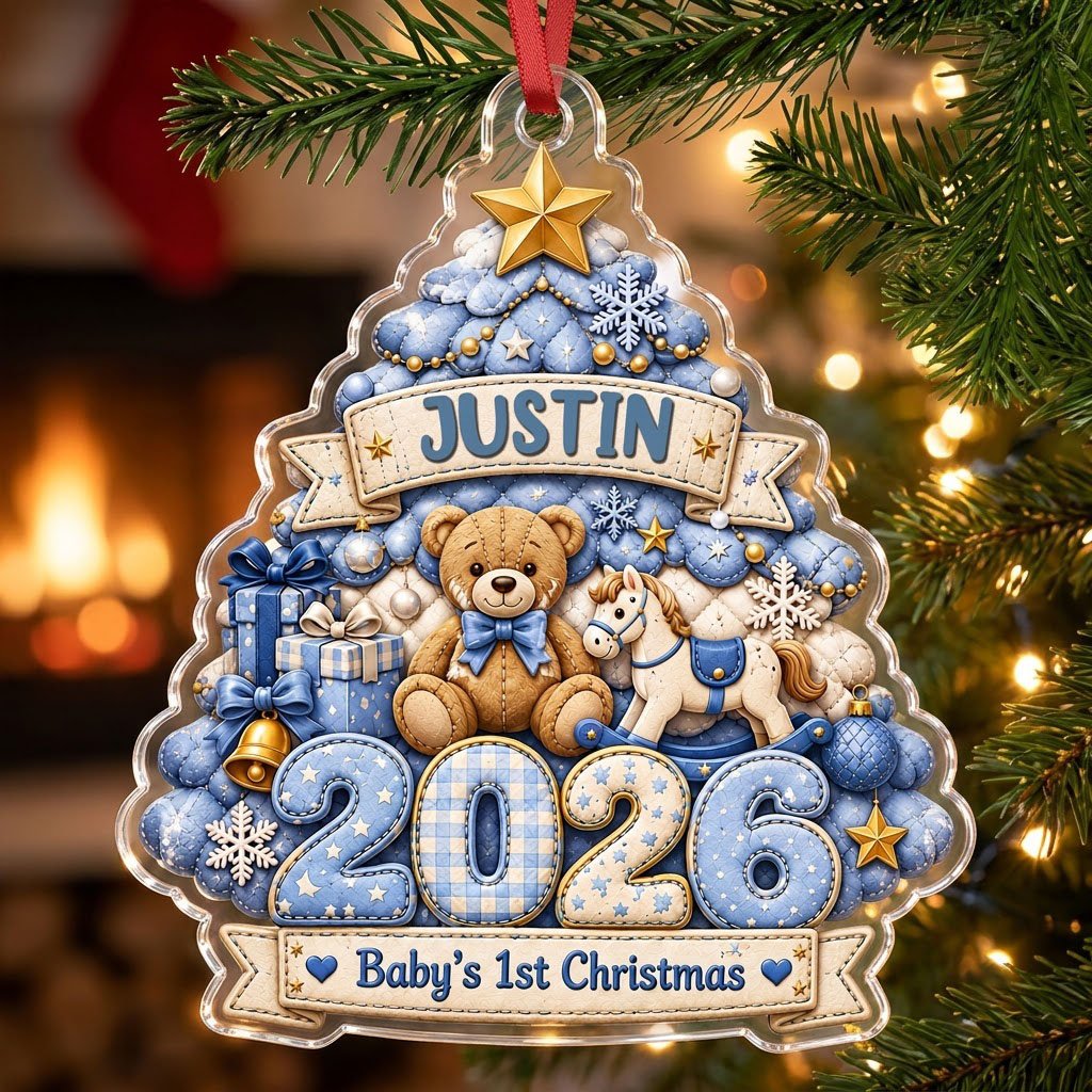Acrylic tree ornament with teddy bear, rocking horse, Baby's 1st Christmas and quilted year in blue and gold.