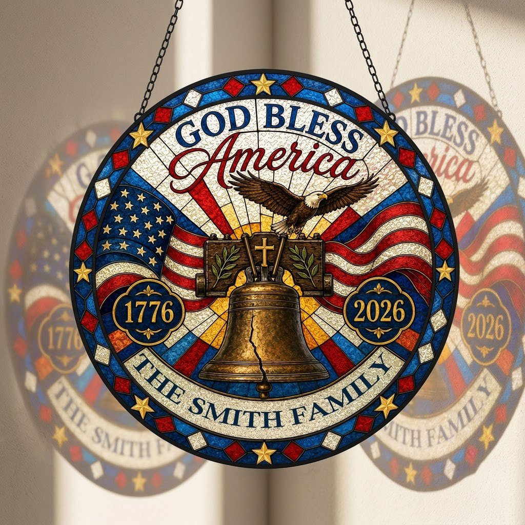 Round stained-glass style suncatcher with Liberty Bell, eagle, flags, 'GOD BLESS America' 1776–2026 and a family name
