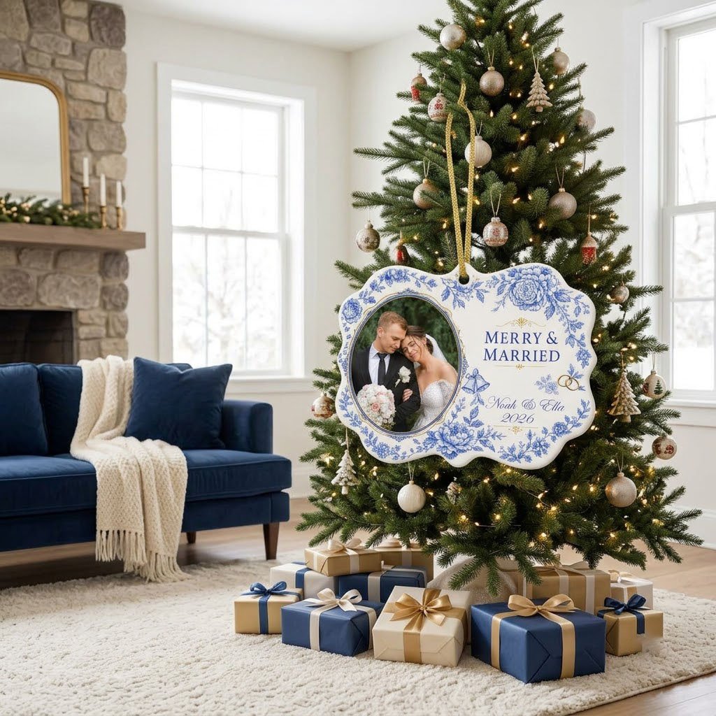 Scalloped ceramic ornament with blue floral border, 'MERRY & MARRIED', gold rings and bells, and a couple photo frame.