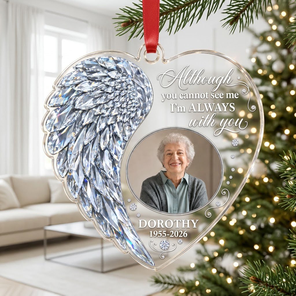 Heart-shaped clear acrylic ornament with crystal-style angel wing, round photo frame, and memorial quote