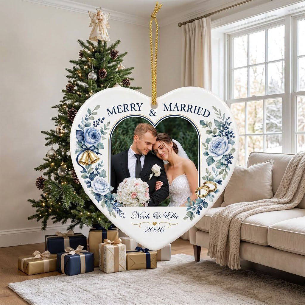 Heart ceramic ornament with “MERRY & MARRIED,” dusty blue florals, wedding bells, rings, and a heart-shaped photo frame.