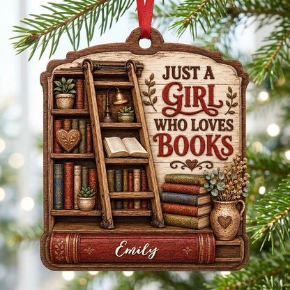 Arched wood ornament with bookshelf, ladder, and 'Just a Girl Who Loves Books' with a name on a red book spine.