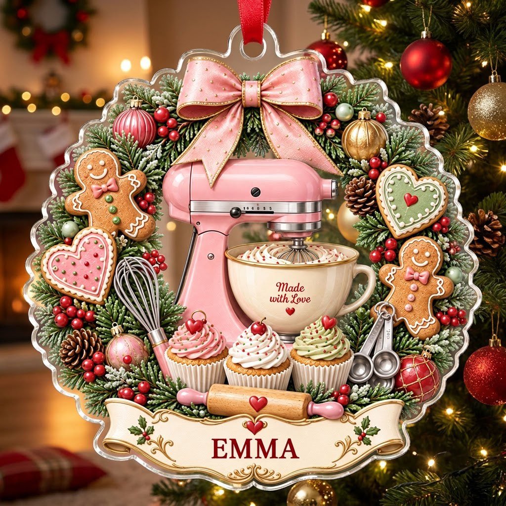 Scalloped clear acrylic ornament with a pink mixer in a Christmas baking wreath and a Made with Love banner.