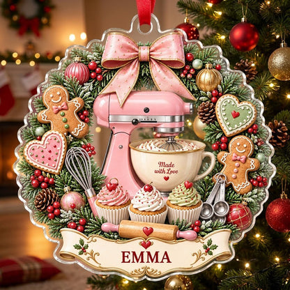 Scalloped clear acrylic ornament with a pink mixer in a Christmas baking wreath and a Made with Love banner.