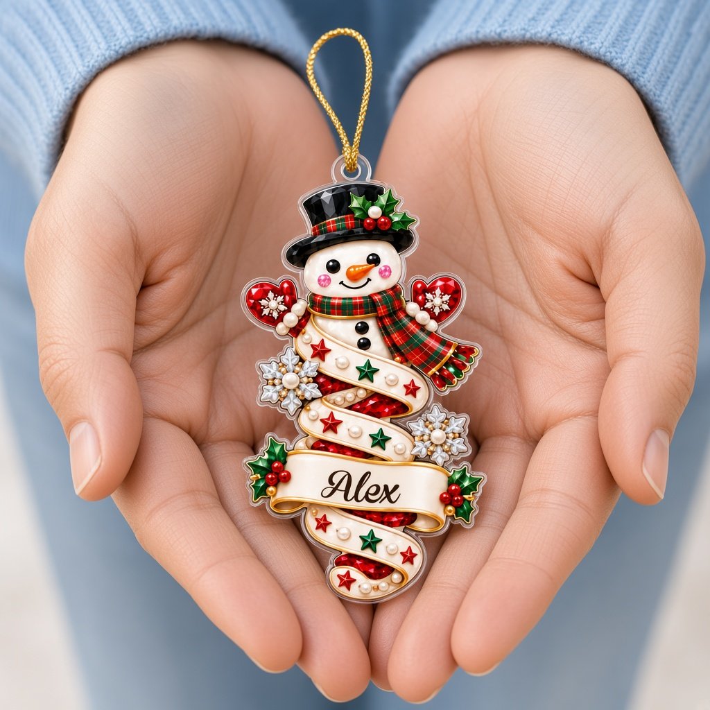 Custom acrylic ornament with a cute elf and smiling snowman on jeweled swirl banners with personalized names