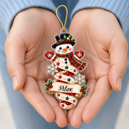 Custom acrylic ornament with a cute elf and smiling snowman on jeweled swirl banners with personalized names