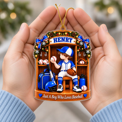 Acrylic ornament of a baseball locker with a boy in uniform and 'Just A Boy Who Lovs Baseball' at the bottom.