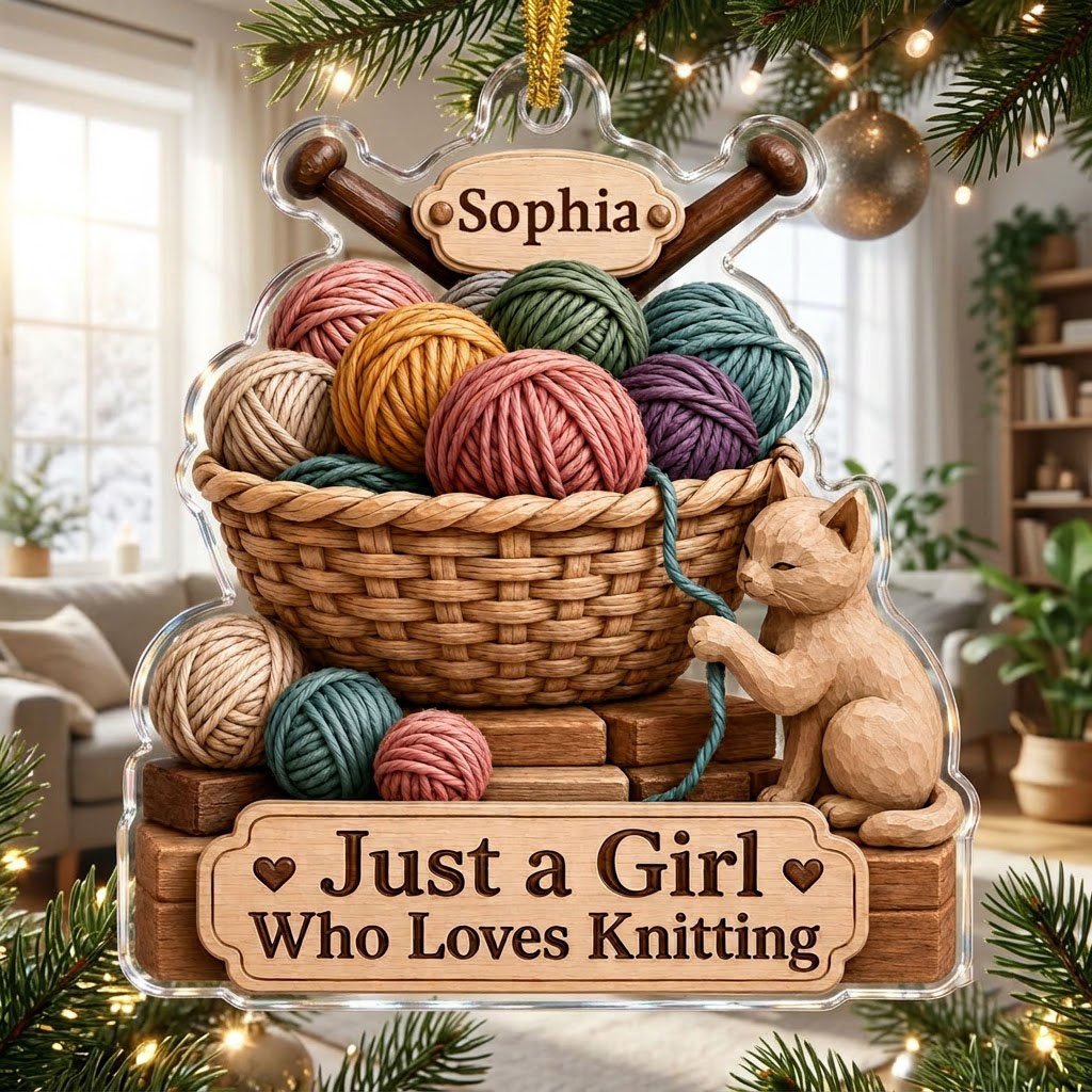 Acrylic ornament shaped around a yarn basket, cat and needles with 'Just a Girl Who Loves Knitting' and a name banner.