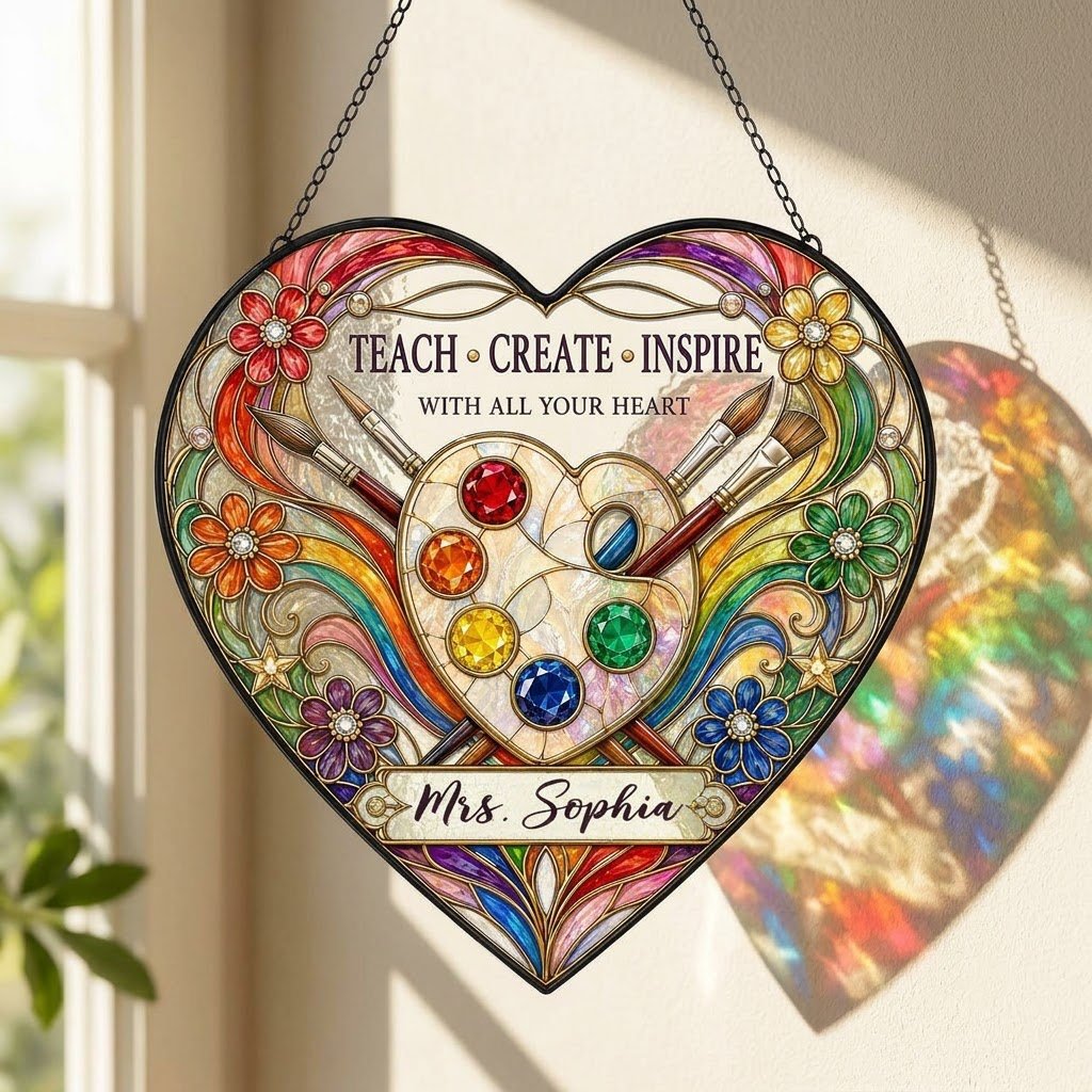 Heart-shaped stained glass suncatcher with palette, brushes, rainbow arcs, flowers and 'Teach • Create • Inspire'.