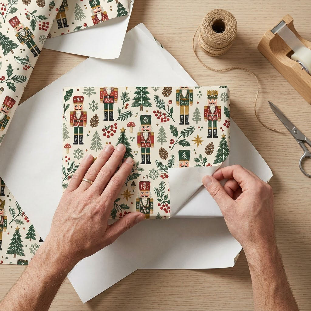 Vintage nutcracker wrapping paper with pine trees, pinecones, berries, gold stars and mushrooms on cream.