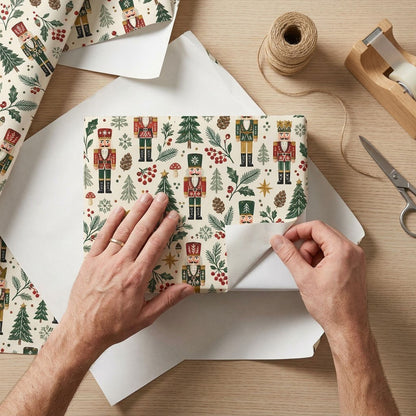 Vintage nutcracker wrapping paper with pine trees, pinecones, berries, gold stars and mushrooms on cream.