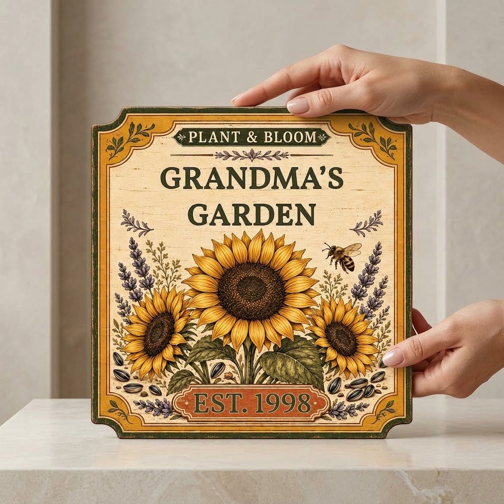 Square bracketed wooden sign with three sunflowers, lavender, a honeybee, and “Plant & Bloom” and “Grandma’s Garden” tex