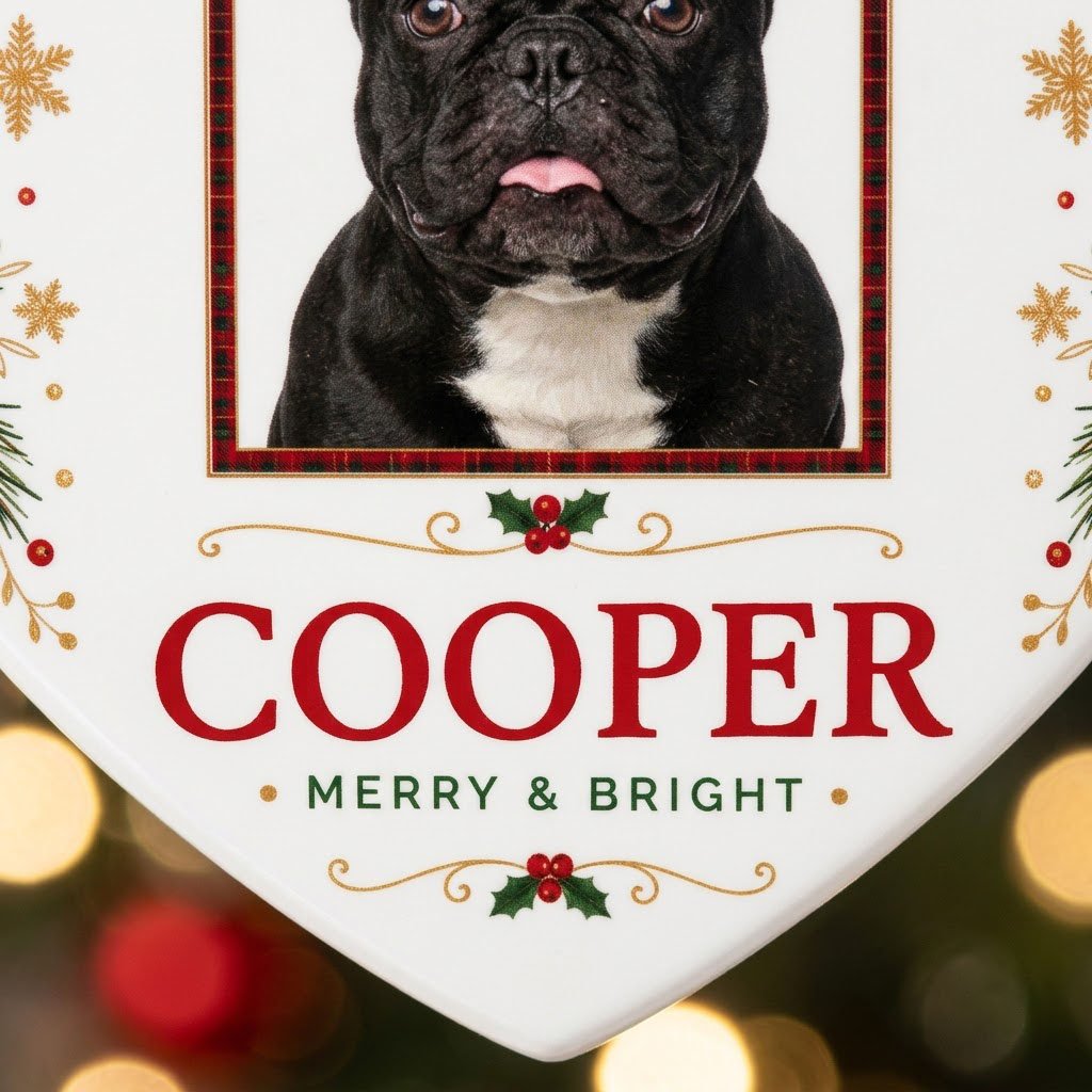 Heart ceramic ornament with dog photo in red-green plaid arch, holly, pine, gold snowflakes, and MERRY & BRIGHT text.