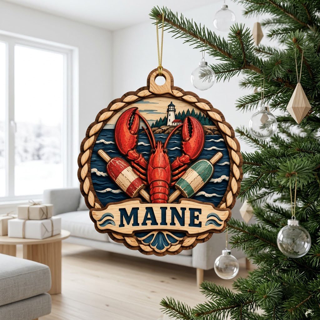 Red lobster with red-white and green-white buoys, ocean waves, rocky shore, pine trees, and a white lighthouse inside a 