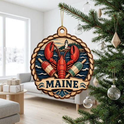 Red lobster with red-white and green-white buoys, ocean waves, rocky shore, pine trees, and a white lighthouse inside a 