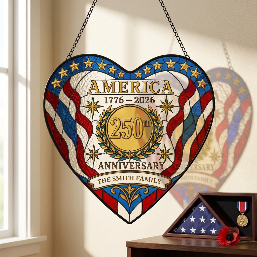 Heart suncatcher with red, white and blue stripes, gold medallion, laurel wreath, and 'America 1776–2026' text.