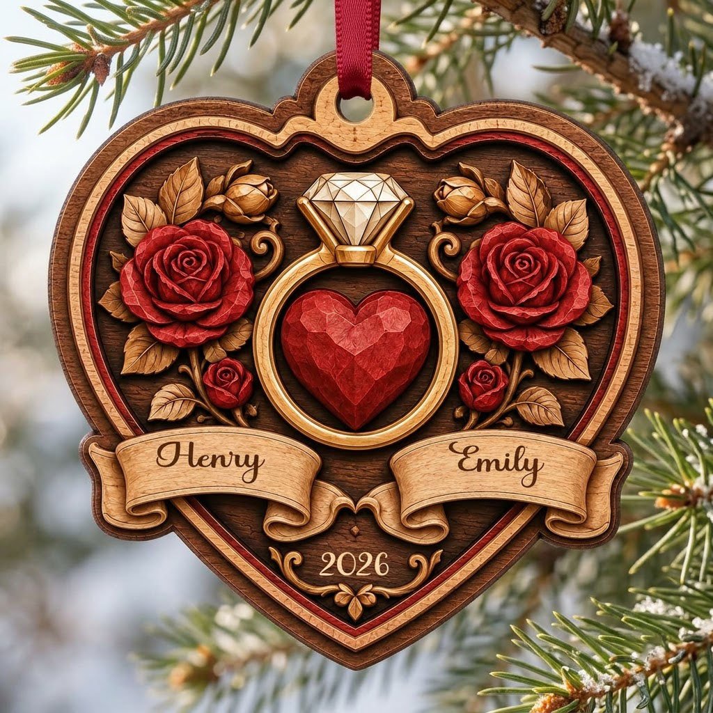 Heart-shaped wood ornament with a gold ring, red heart, red roses, and names Henry and Emily with year 2026.