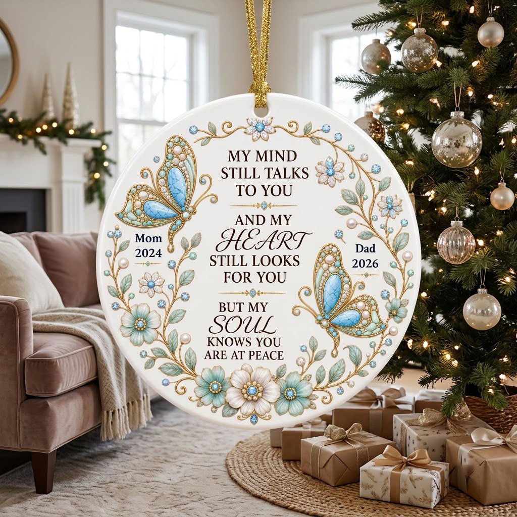White round ornament with jeweled butterflies, floral wreath, and memorial quote with personalized name and year.