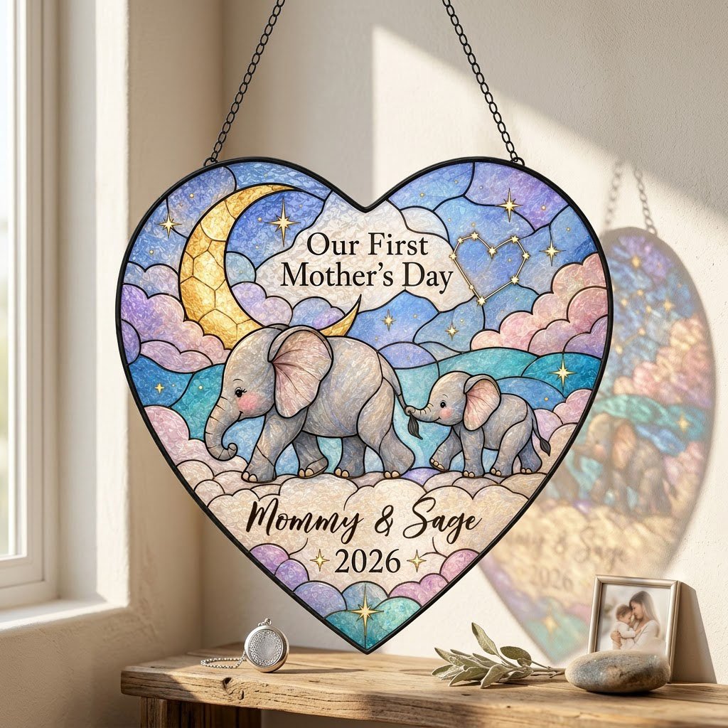 Heart stained-glass suncatcher with mom and baby elephants, crescent moon, pastel clouds, and gold stars.