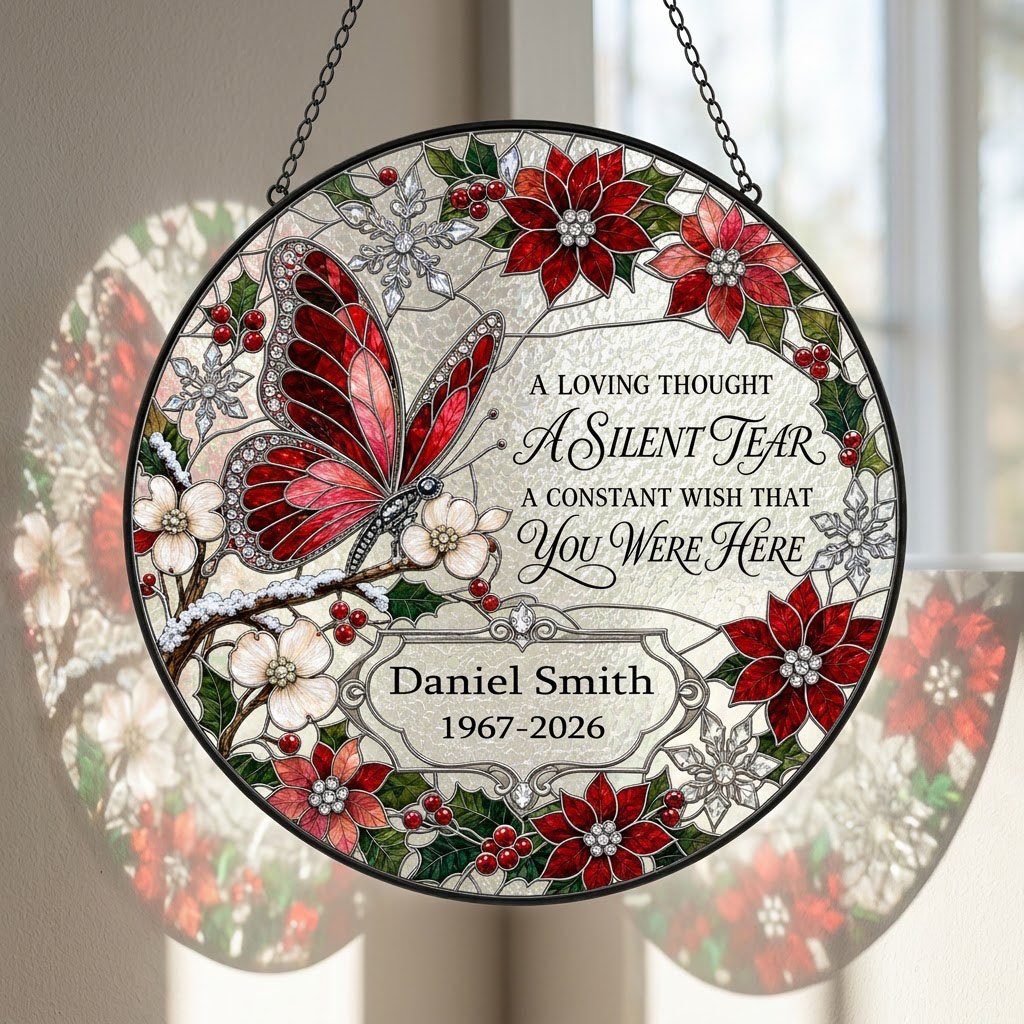Personalized Red Butterfly Poinsettia A Silent Tear Memorial Stained Glass Round Suncatcher