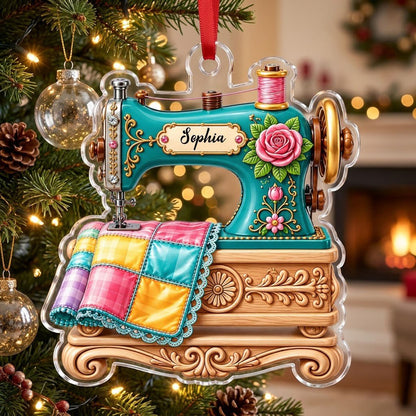 Custom-cut acrylic ornament of a teal vintage sewing machine with a rose and quilt block, personalized with a name.