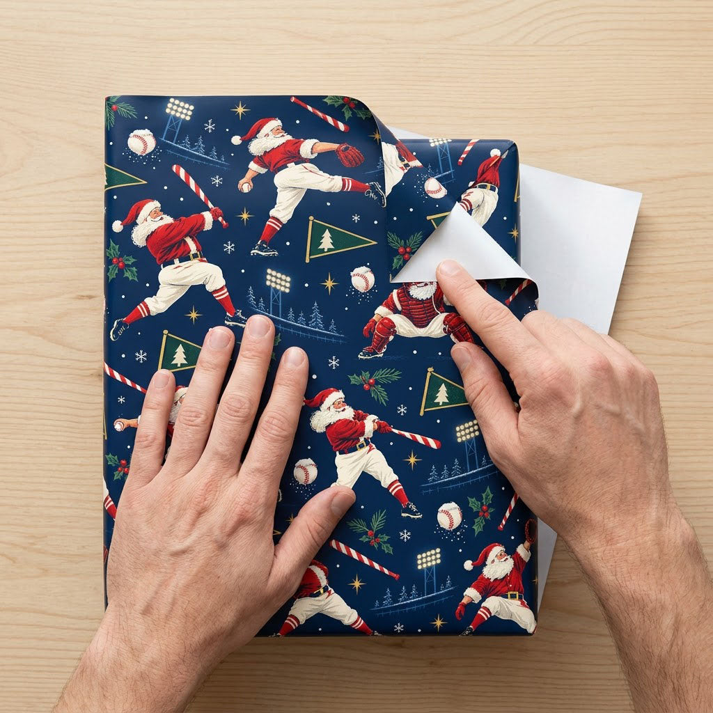 Navy wrapping paper with baseball Santas, candy cane bats, baseballs, pennants, stars and pine sprigs.