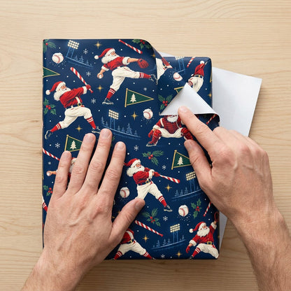 Navy wrapping paper with baseball Santas, candy cane bats, baseballs, pennants, stars and pine sprigs.