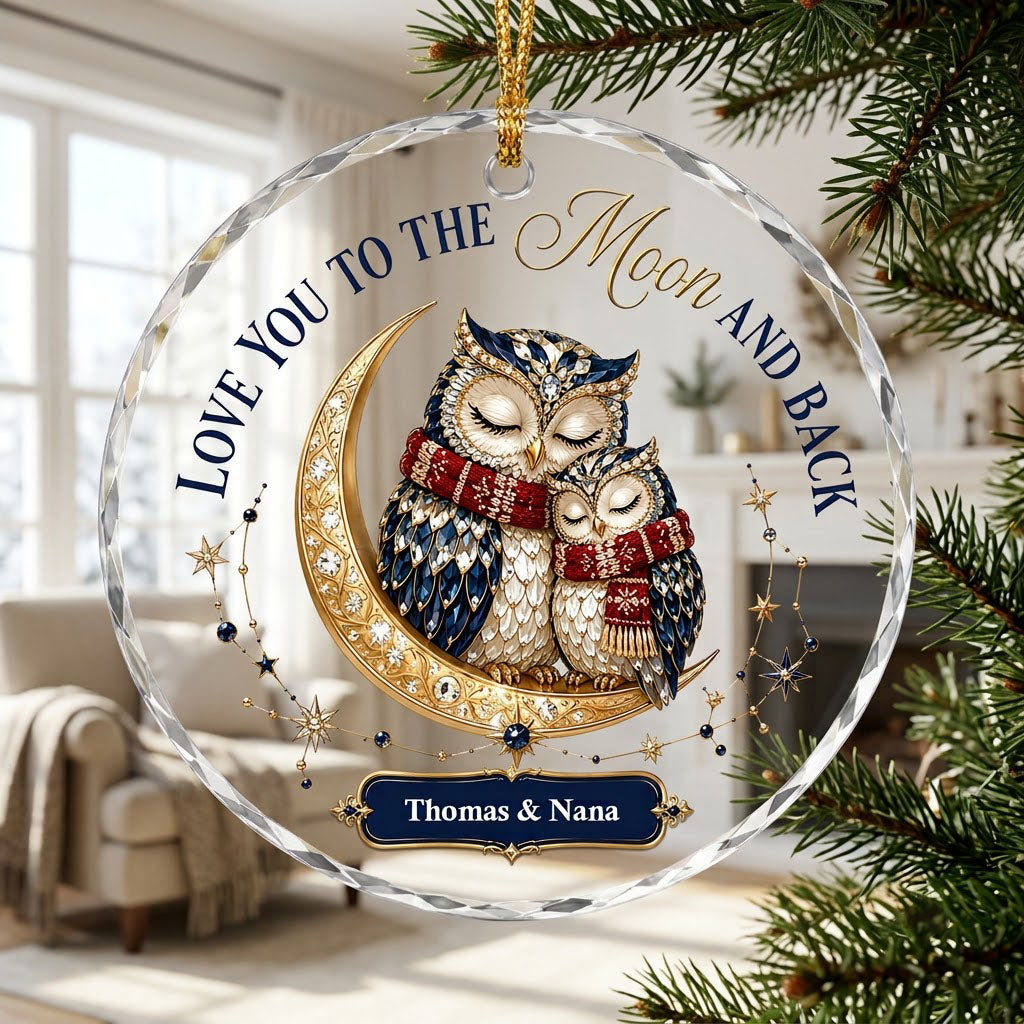 Two jeweled owls on a gold crescent moon with Love You to the Moon and Back text and names on a blue plaque.