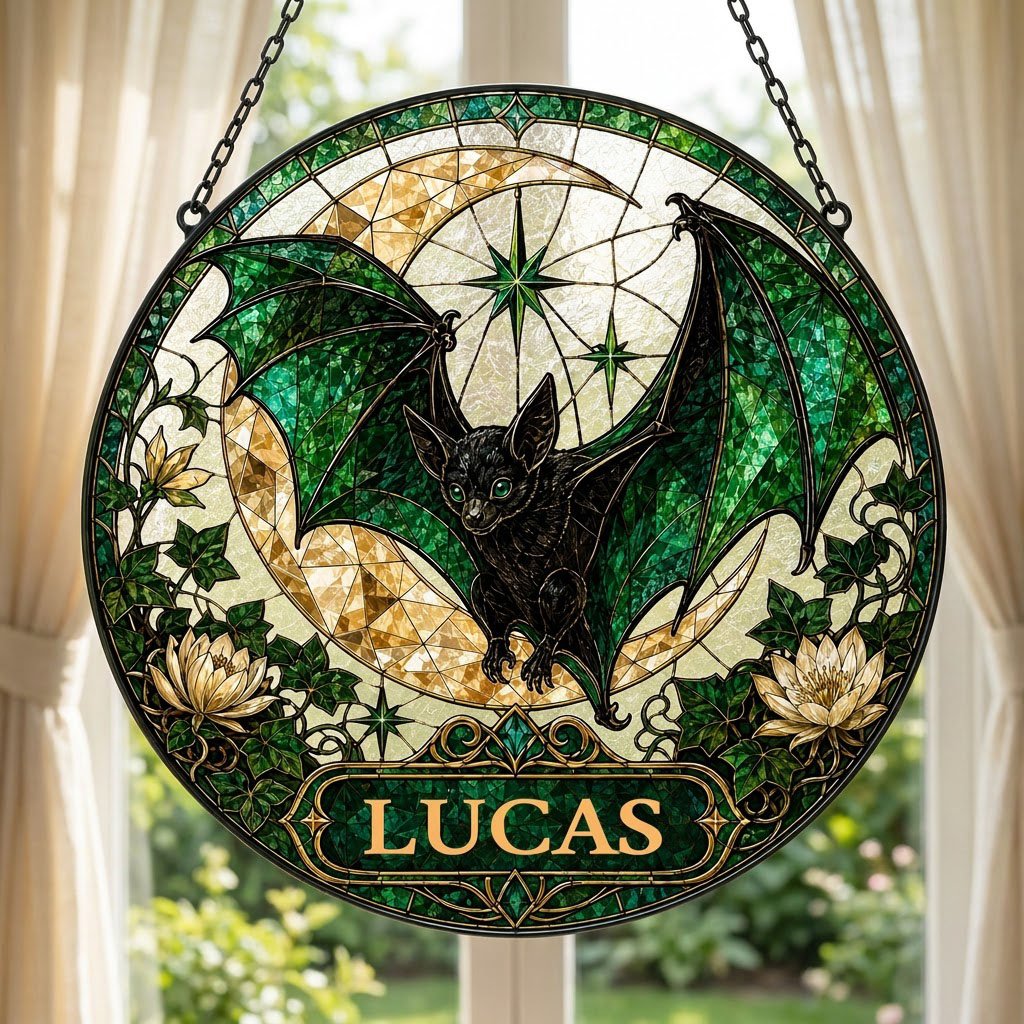 Round stained-glass style suncatcher with black bat, green wings, crescent moon, ivy, white flowers, and a personalized 