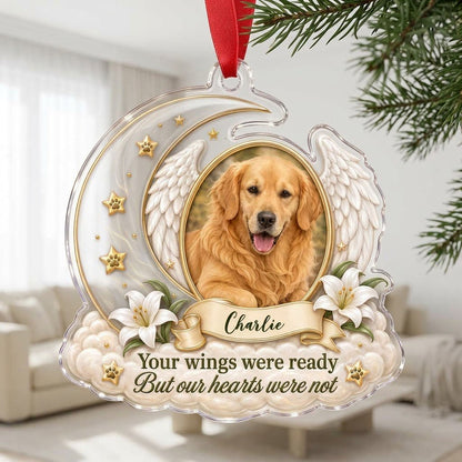 Crescent moon and angel wings acrylic ornament with oval pet photo, paw-print stars, white lilies, clouds, and a name ba