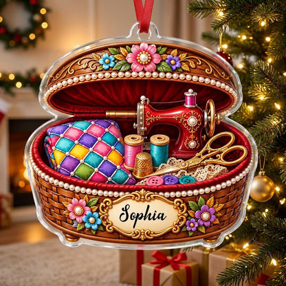 Custom-cut acrylic ornament of a brown sewing basket with a red vintage sewing machine and floral accents