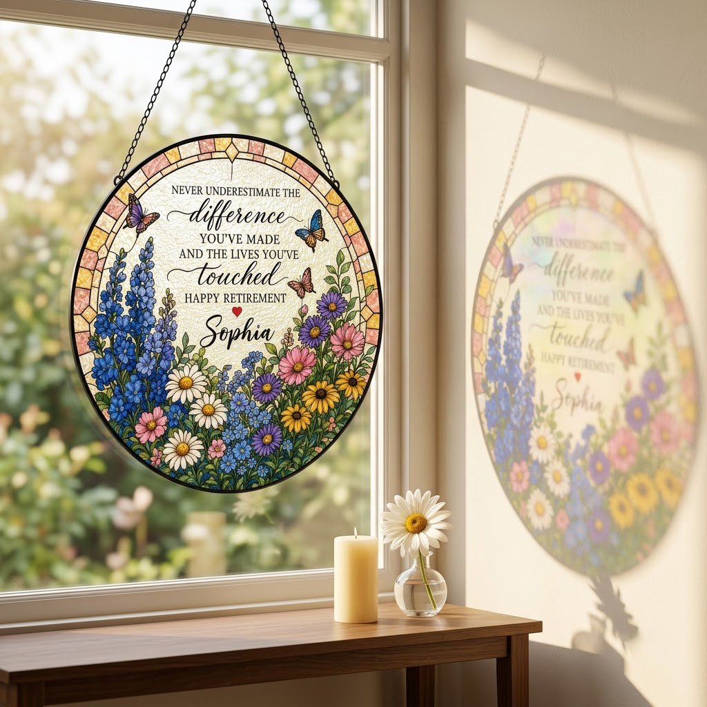 Personalized Retirement Wildflower Garden Never Underestimate The Difference Happy Retirement Stained Glass Round Suncatcher