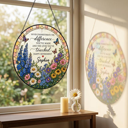 Personalized Retirement Wildflower Garden Never Underestimate The Difference Happy Retirement Stained Glass Round Suncatcher