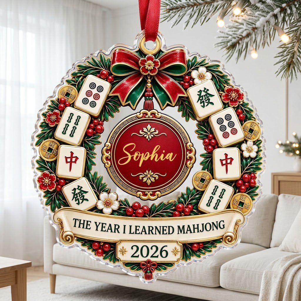 A clear acrylic wreath ornament with Mahjong tiles, red bow, gold coins, and the text THE YEAR I LEARNED MAHJONG.