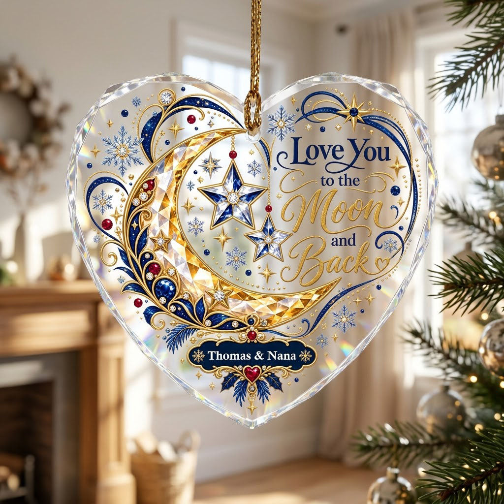 Heart glass ornament with jeweled gold crescent moon, blue hanging stars, and 'Love You to the Moon and Back' text.