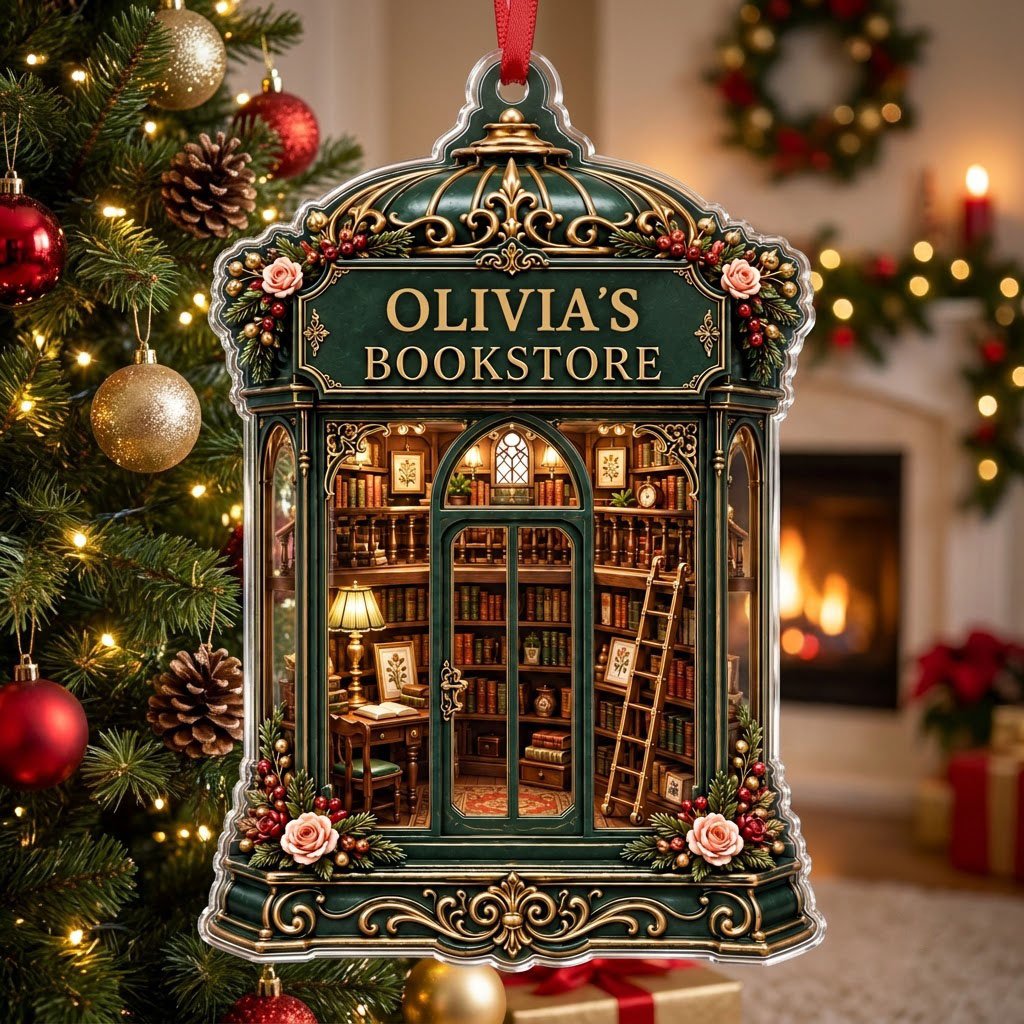 Green and gold ornate acrylic ornament with roses and a cozy bookstore interior reading OLIVIA'S BOOKSTORE.